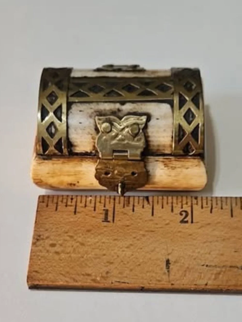 Camel Bone Jewelry Box with Brass Owl Shaped Hardware Vintage 1997s Handmade